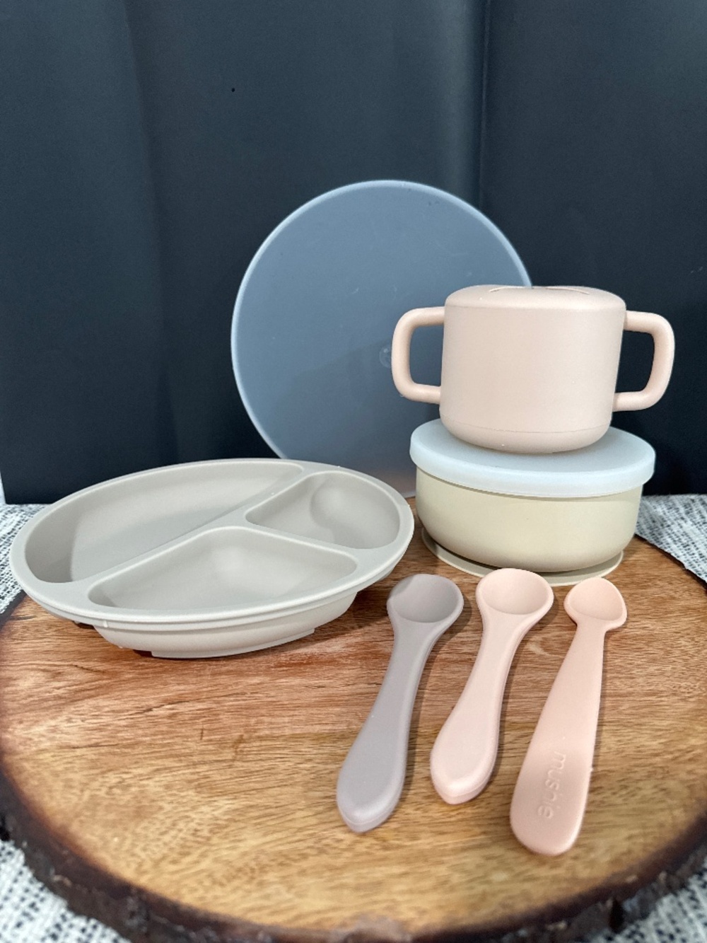 Pink tan Silicone baby plate, bowl, snack cup, and spoons